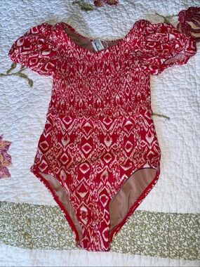 Hermoza Girls Red and White Smocked One-Piece Swim